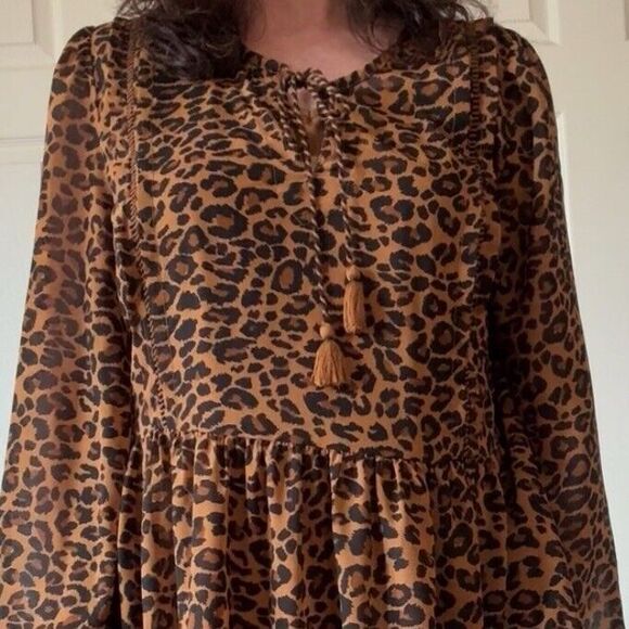 Womens Babydoll Dress Sz Small Leopard Lined Tassel Animal Print Boho Brown - Picture 3 of 16